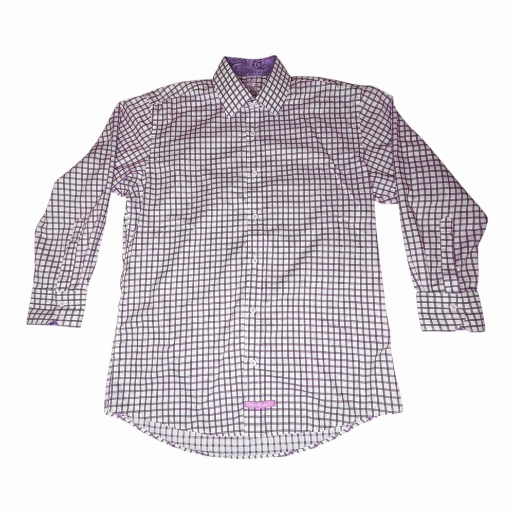 English Laundry Mens Large Purple White Checkered Button Down Dress Shirt‎